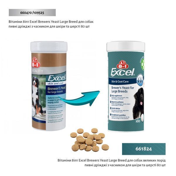 Вітаміни 8in1 Excel Brewers Yeast Large Breed для собак великих порід пивні дріжджі з часником для шкіри та шерсті 80 шт 1111201791 фото