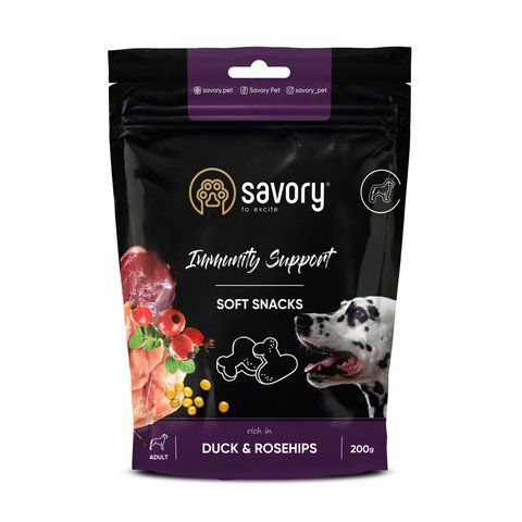 М&rsquo;які ласощі Savory Immunity Duck and Rosehip для дорослих собак усіх порід для зміцнення імунітету з качкою та шипшиною 200 1111168074 фото