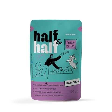 Корм вологий Half and Half, Duck in Gravy for Adult Dogs, шматочки качки в соусі для дорослих собак, 100 г 1111195158 фото
