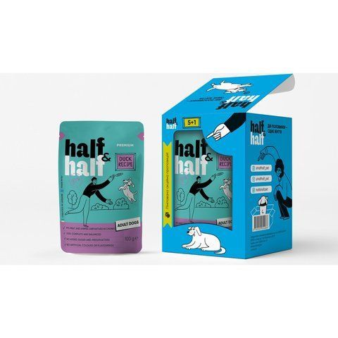 Набір вологих кормів Half and Half "5+1" для дорослих собак, шматочки з качкою в соусі, паучі, 6 шт*100 г 1111214336 фото