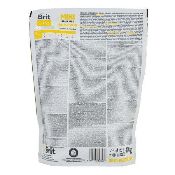 Корм сухий Brit Care Grain Free Mini Hair Skin для собак мніатюрних порід для шкіри та шерсті з лососем та оселедцем 400 г 1111148825 фото