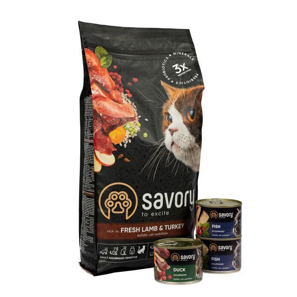 Набір Savory корм сухий для котів з чутливим травленням 2кг + консерви 3*200г 1111168070 фото
